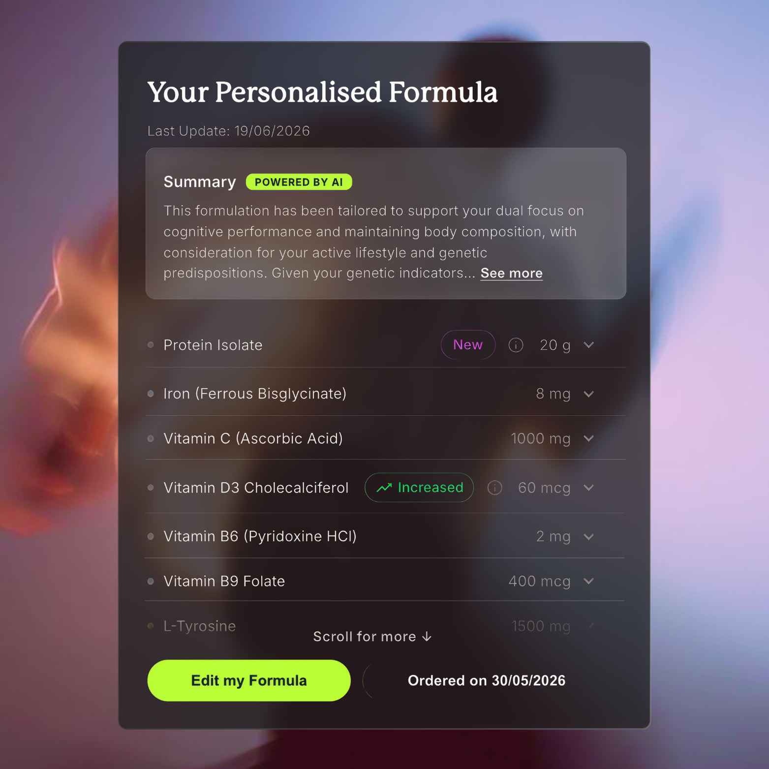 Personalised supplement formula app with AI summary and ingredient list
