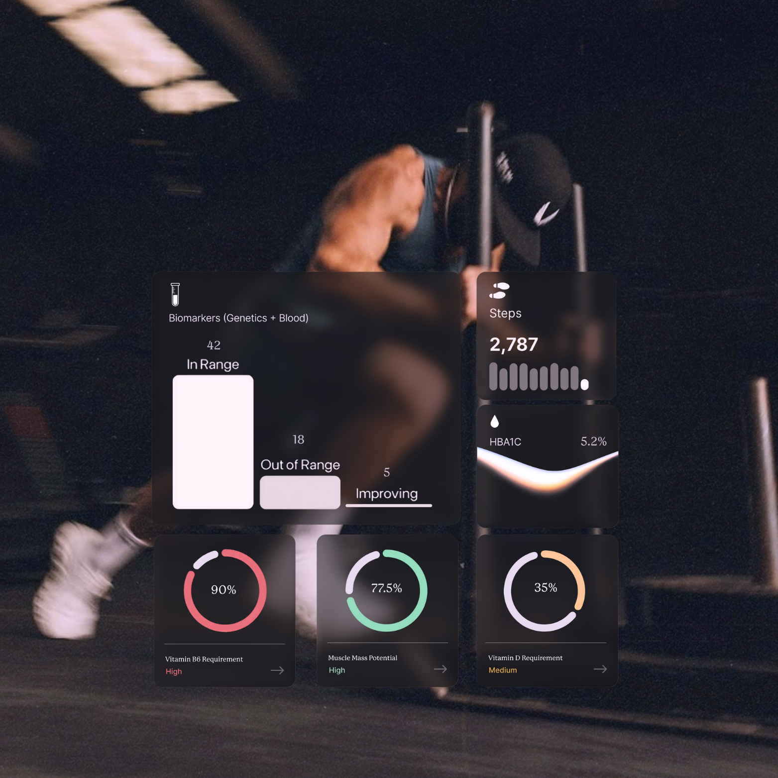 Runner with genetic biomarker dashboard showing vitamin and muscle mass insights