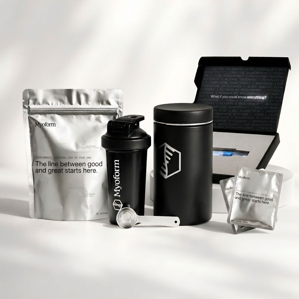 The Myoform bundle: personalized formula pouch, shaker, scoop, steel canister, daily sachets and DNA kit
